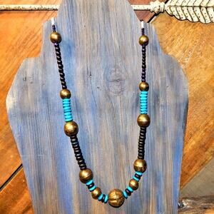 Vintage Bohemian Wood & Brass Bead Necklace